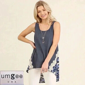 “Jules” High/Low Camo Print Sleeveless Top w Lace